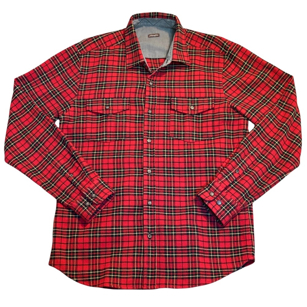 J.McLaughlin Button Down Shirt Mens Large‎ Red Plaid Flannel Stretch Long Sleeve